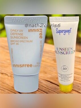 Innisfree daily UV defense sunscreen & Supergoop Unseen Sunscreen 10 ml New.